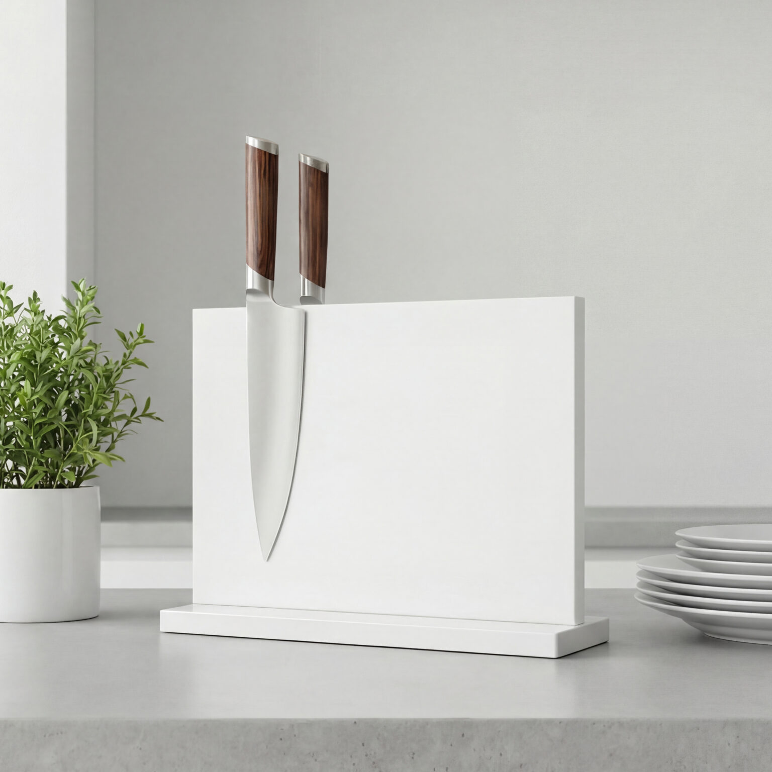 A calm kitchen scene with a wooden magnetic knife holder