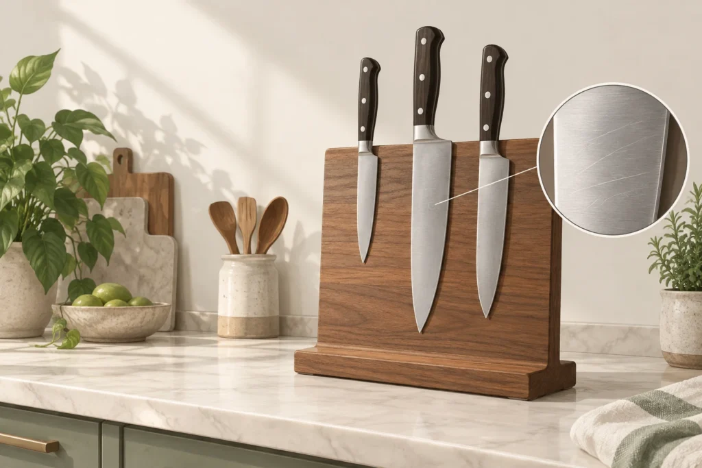 AI concept illustration of separated knives on a magnetic board and cosmetic marks on a blade face; not a Thmins product photograph.
